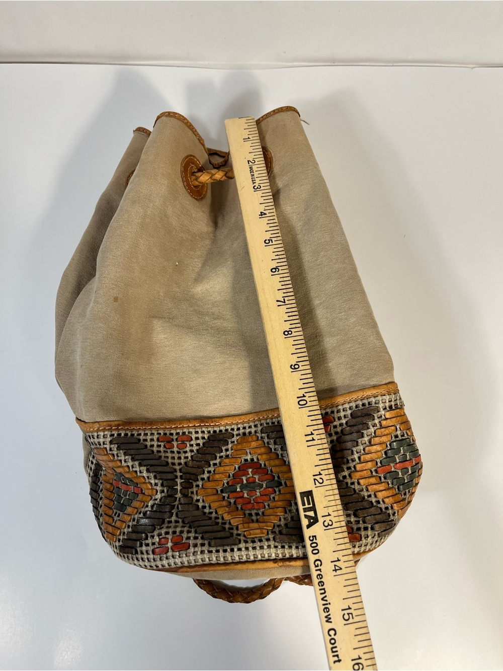 Vintage Fossil Canvas Bucket Backpack Purse Woven Leather Pattern - Picture 11 of 12